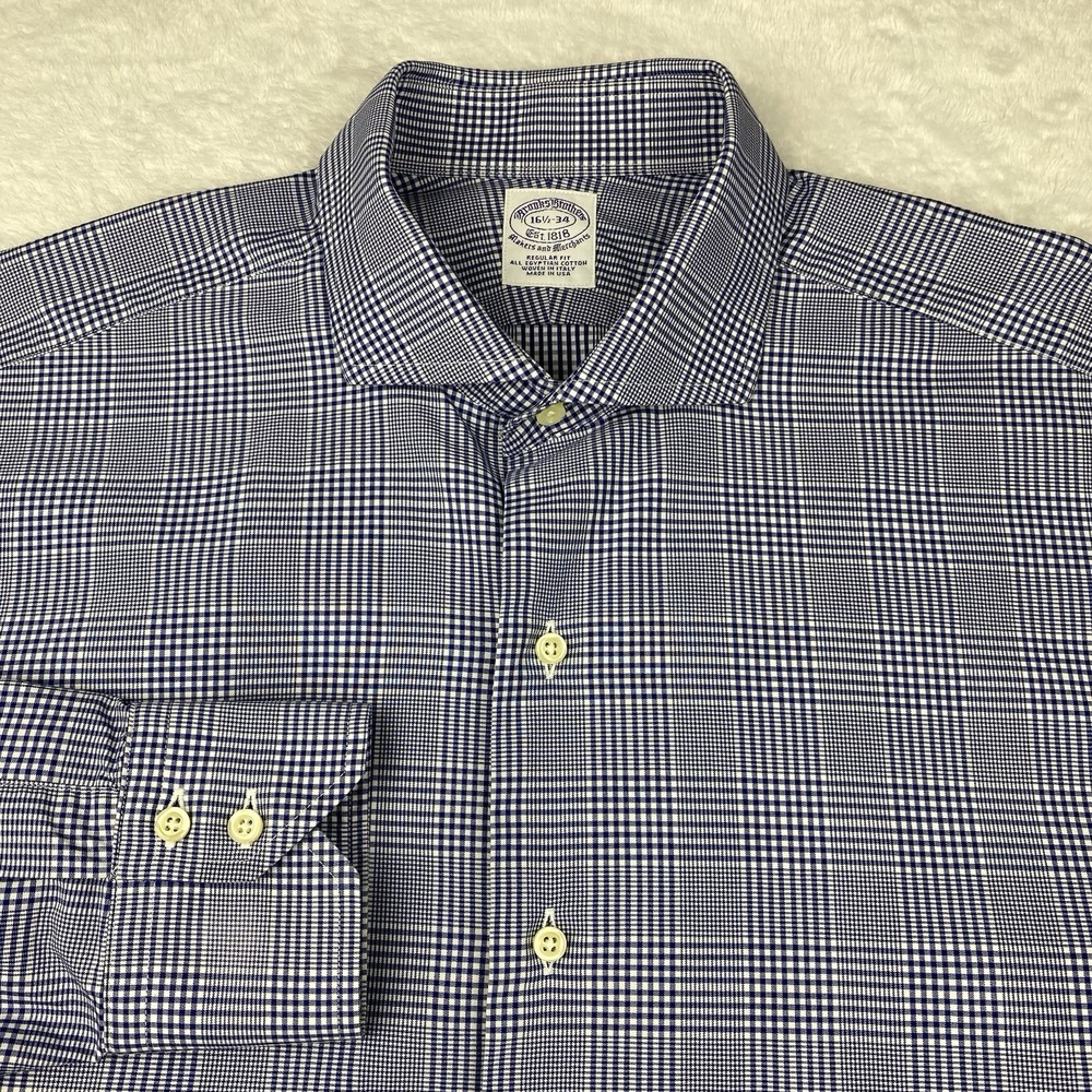 Brooks Brothers Mens Dress Shirt 16.5-34 Blue Plaid Regular No Iron Purple Label